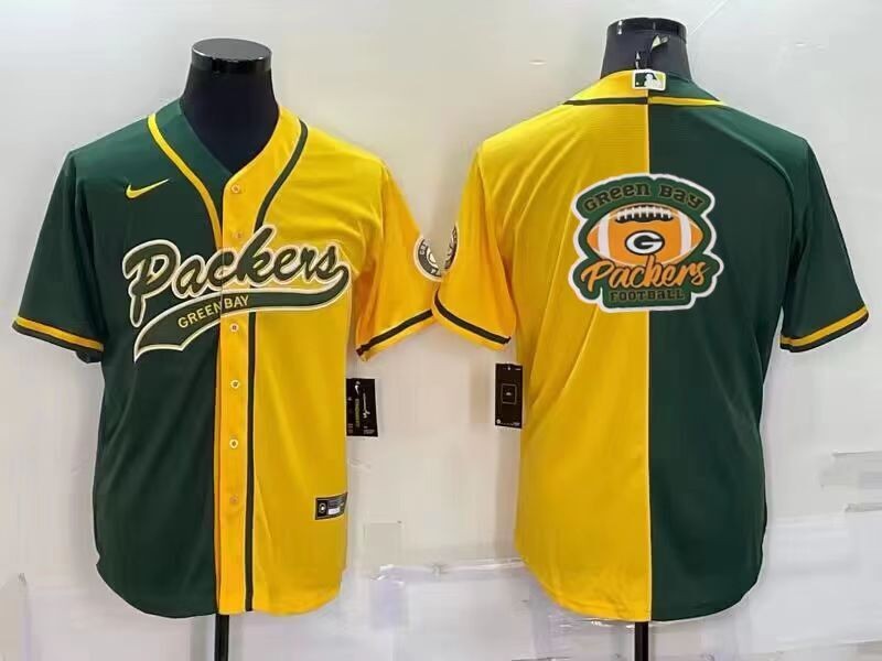Men's Green Bay Packers Blank Green/Yellow Split Team Big Logo With Patch Cool Base Stitched Baseball Jersey Men's Green Bay Packers Blank Green/Yellow Split Team Big Logo With Patch Cool Base Stitched Baseball Jersey
